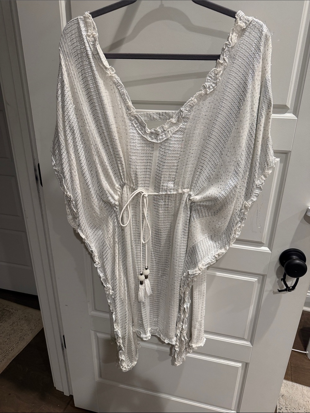 White with silver shimmer Boho Beach Cover-Up with Tassel Tie